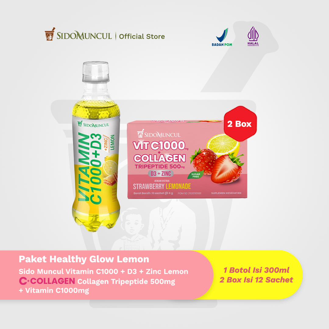 Healthy Glow Lemon Package - 1x Sido Muncul Vitamin C1000 + D3 + Zinc Lemon 300ml - Immune Support + 2x C+Collagen - Tripeptide Collagen Drink 500mg + Vit C 1000mg for Skin Health and Immunity