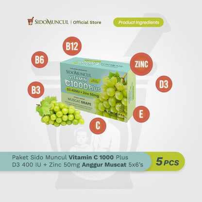 Sido Muncul Vitamin C 1000 Plus D3 400 + Zinc 50mg Anggur Muscat 5x6s