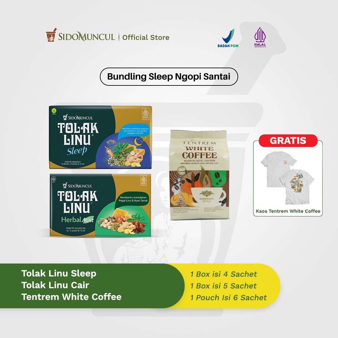 [FREE TENTREM T-SHIRT] Relaxing Coffee and Sleep Bundle - Tolak Linu Sleep 4 Sachets + Tolak Linu Liquid Mint Box of 5 Sachets + Sido Muncul Tentrem Teh Tarik 6 Sachets