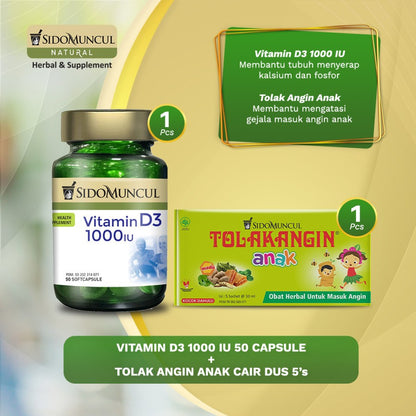 Paket Sido Muncul Natural Vitamin D3 1000 IU + Tolak Angin Anak 5's