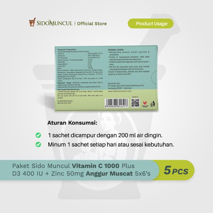 Sido Muncul Vitamin C 1000 Plus D3 400 + Zinc 50mg Anggur Muscat 5x6s