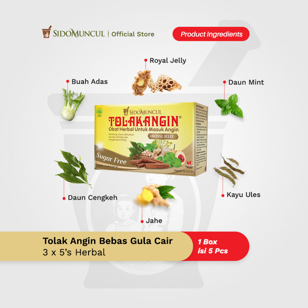 Tolak Angin Sugar-Free Liquid Herbal Remedy, Box of 3 x 5 Sachets – For Cold and Flu Symptoms