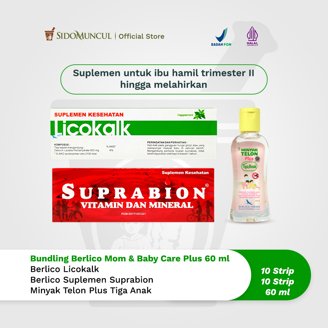 Bundling Berlico Mom & Baby Care -  Licokalk (10 Strip) + Suplemen Suprabion + Minyak Telon