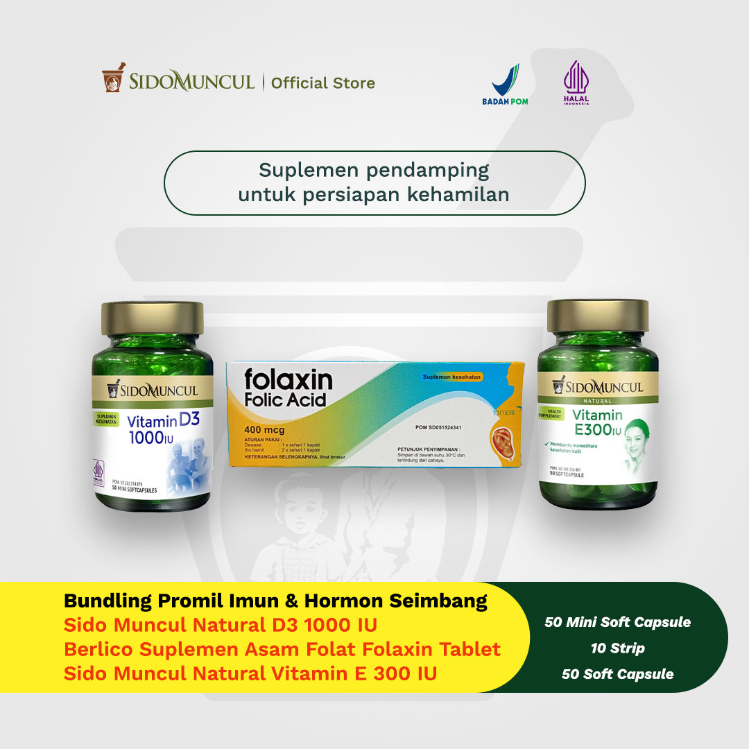 '- Suplemen Asam Folat Folaxin Tablet (10 Strip) + Sido Muncul Vitamin D3 1000 IU + Sido Muncul Natural Vitamin E 300 IU Soft Capsule 50 Kapsul