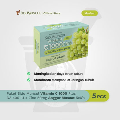 Sido Muncul Vitamin C 1000 Plus D3 400 + Zinc 50mg Anggur Muscat 5x6s