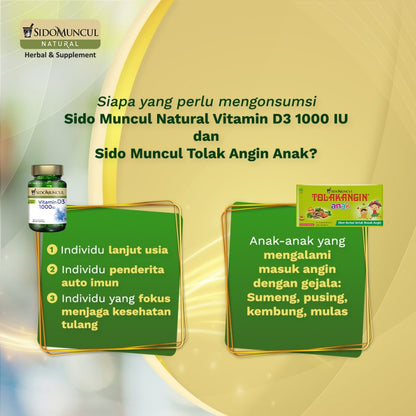 Paket Sido Muncul Natural Vitamin D3 1000 IU + Tolak Angin Anak 5's