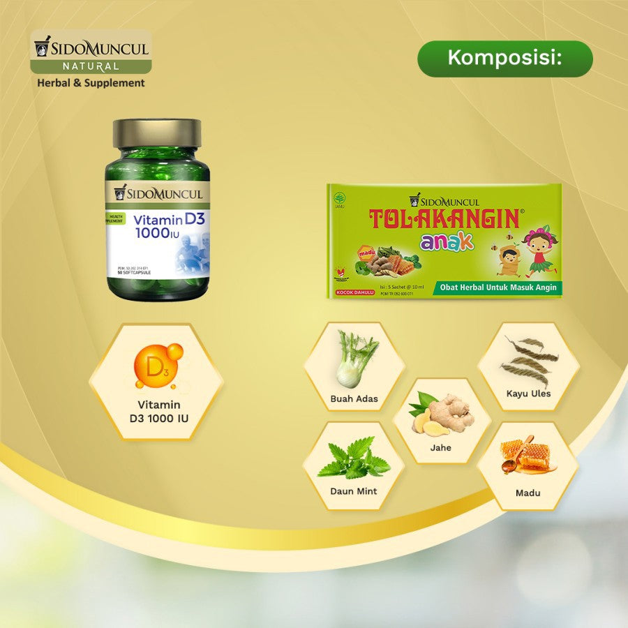 Paket Sido Muncul Natural Vitamin D3 1000 IU + Tolak Angin Anak 5's