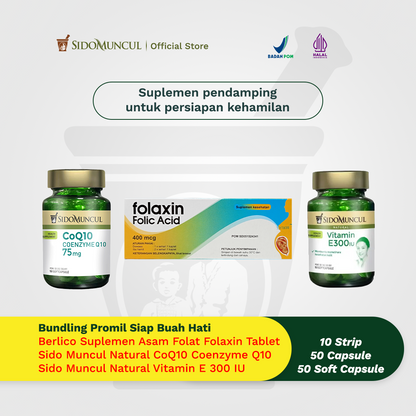 Bundling Promil Siap Buah Hati - Suplemen Asam Folat Folaxin Tablet (10 Strip) + Sido Muncul CoQ10 Coenzyme Q10 Soft Capsule + Sido Muncul Natural Vitamin E 300 IU Soft Capsule 50 Kapsul
