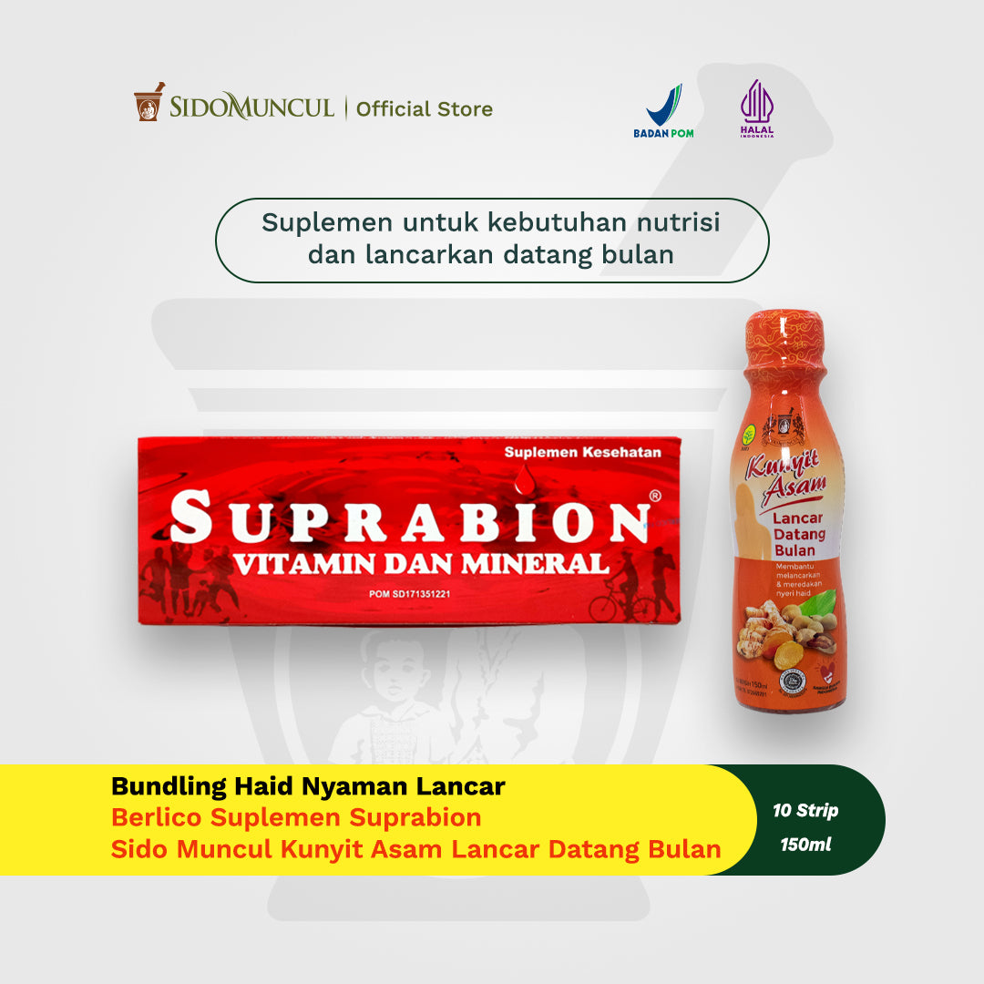 Comfortable and Smooth Period Bundle - Suprabion Supplements (10 Strips) + Sido Muncul Tamarindo Turmeric for Smooth Menstruation Bottle 150 ml