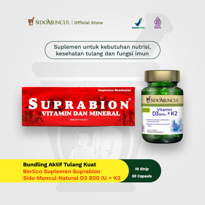 Active Bone Strength Bundle - Suprabion Supplements (10 Strips) + Sido Muncul Natural Vitamin D3 800 IU + K2 Soft Capsule 50 Capsules