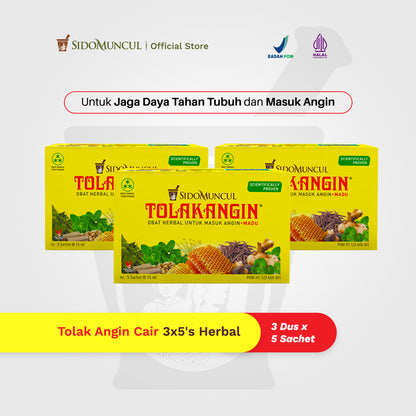 Tolak Angin Liquid Herbal Remedy, Box of 3 x 5 Sachets – For Wind-Related Ailments, Nausea, Flu, and Fever