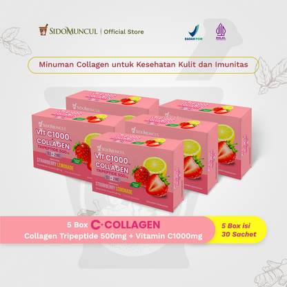 C+Collagen, 5 Boxes of 30 Sachets – Collagen Tripeptide Drink, 500 mg + Vitamin C, 1,000 mg, for Skin Health and Immunity