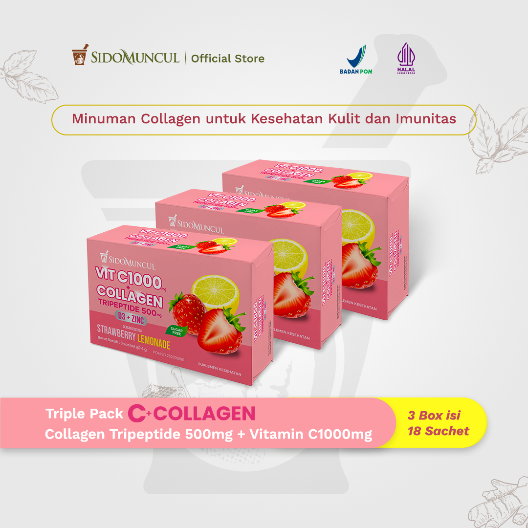 C+Collagen 3 Boxes, 18 Sachets per Box – Collagen Tripeptide Drink with 500 mg + 1000 mg Vitamin C for Skin Health and Immunity
