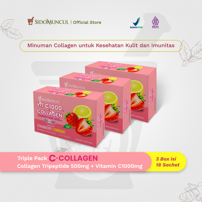 C+Collagen 3 Boxes, 18 Sachets per Box – Collagen Tripeptide Drink with 500 mg + 1000 mg Vitamin C for Skin Health and Immunity