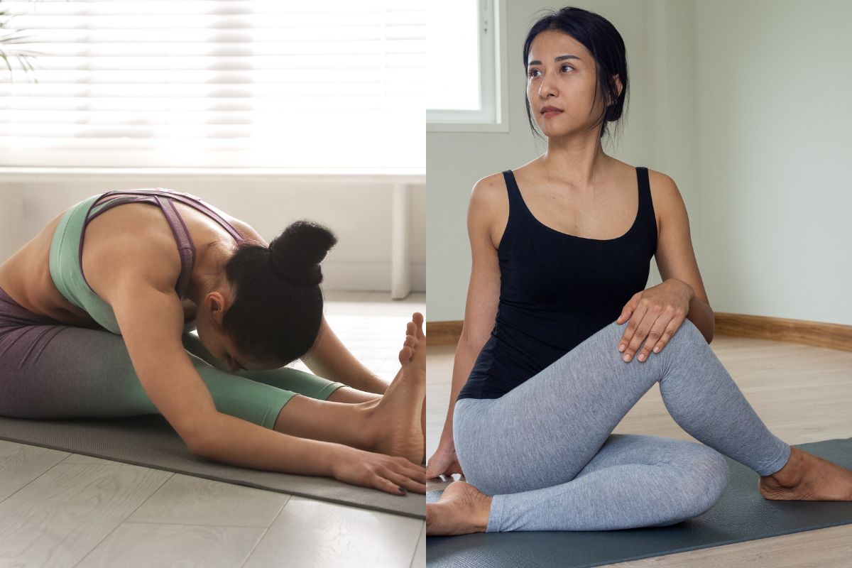 Pose yoga membungkuk ke depan dan posisi memutar