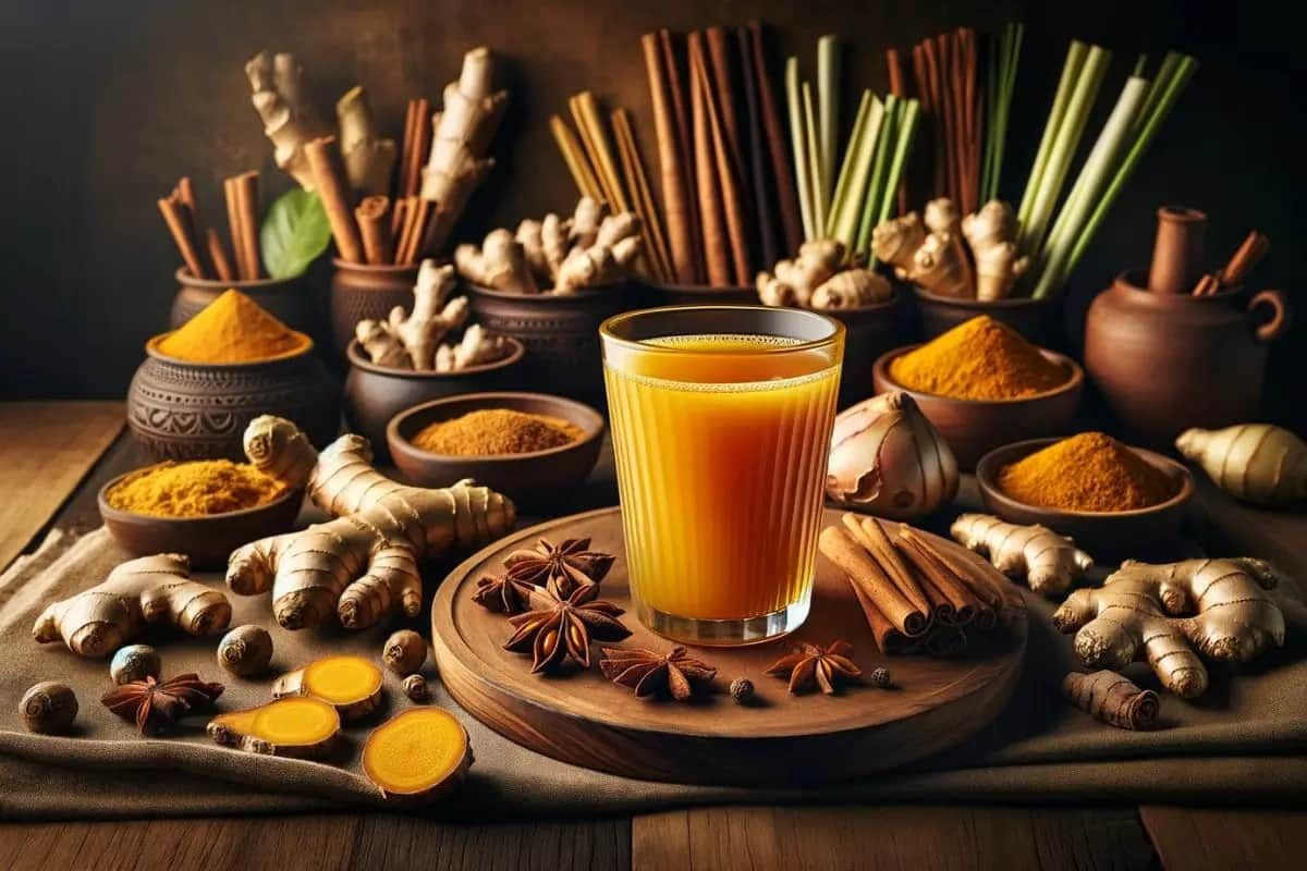 Jamu kunyit asam dengan berbagai bahan alami di sekitarnya