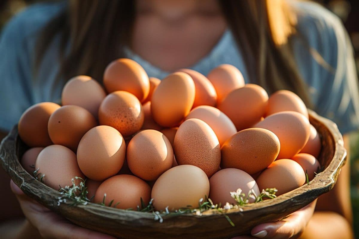 Perempuan membawa sekeranjang telur ayam