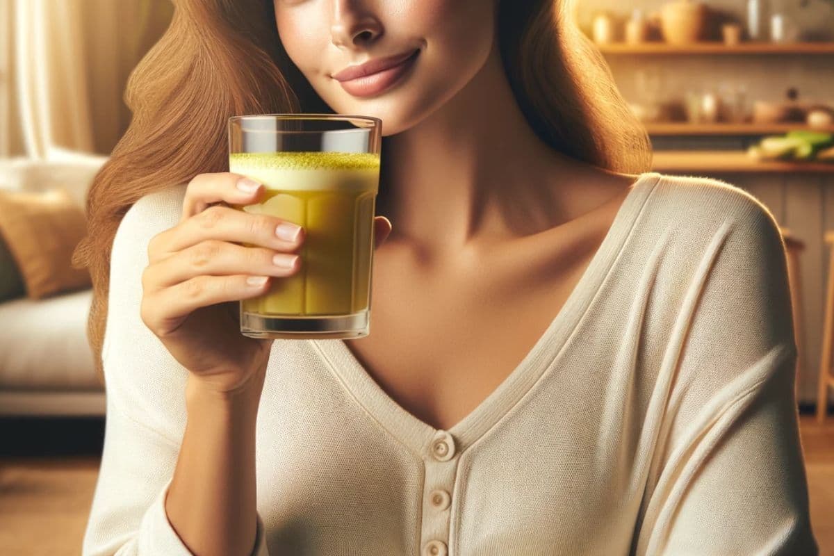 Perempuan sedang memegang segelas jamu