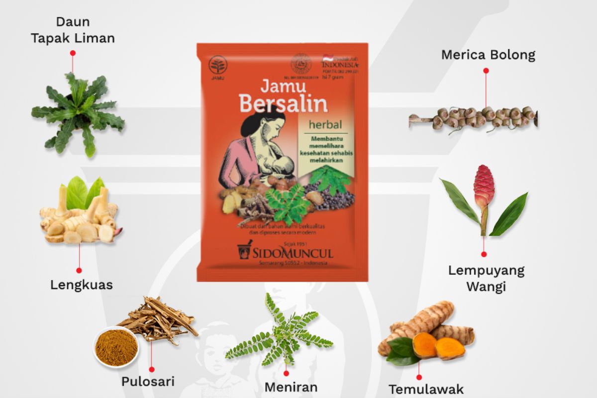 Komposisi dan kemasan Sido Muncul Jamu Bersalin Herbal